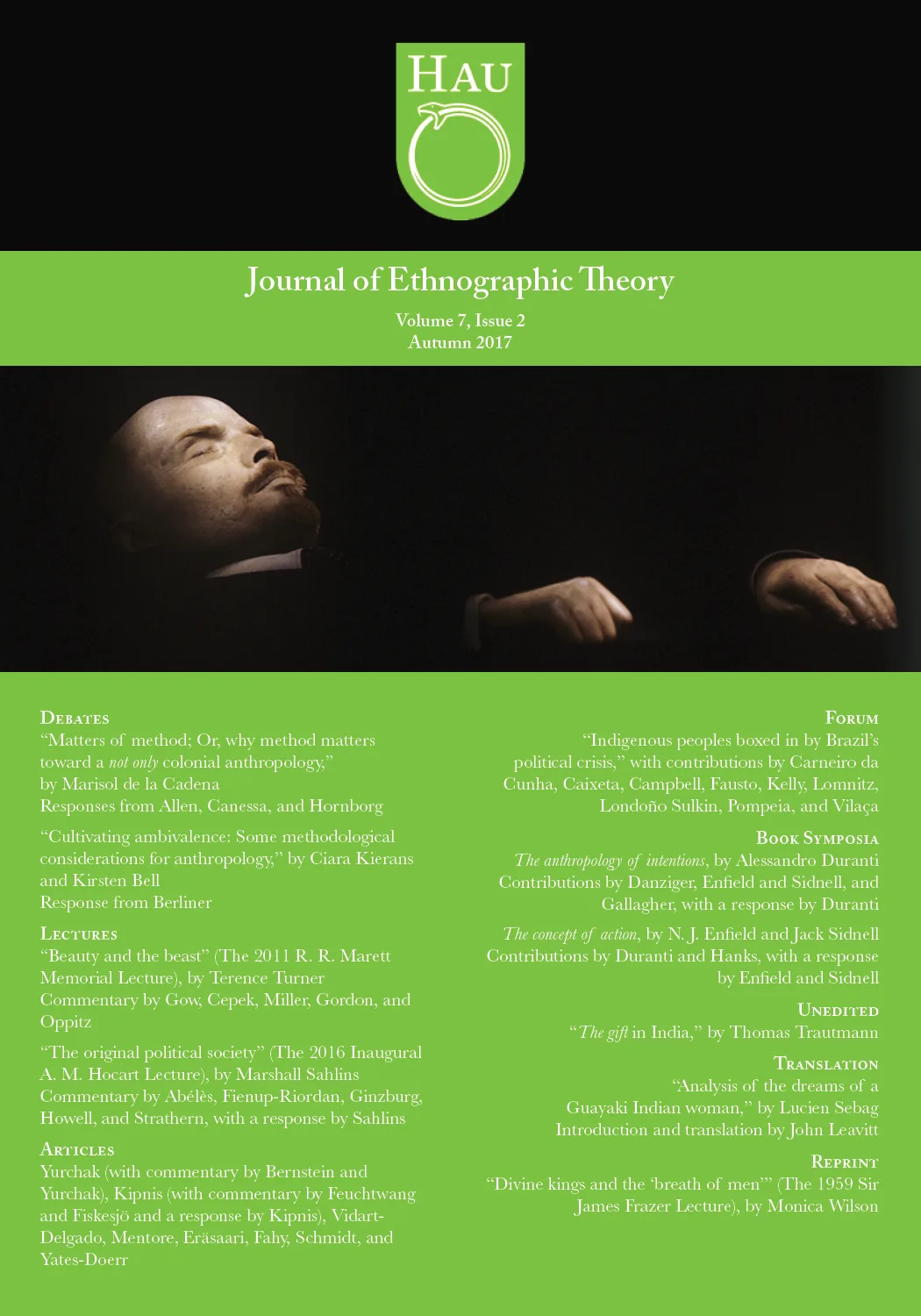 《Hau: Journal of Ethnographic Theory》期刊封面，黑绿配色，第7卷第2期（2017年秋季刊），主图为列宁遗体面部特写；左右两栏列出本期辩论、讲座、文章、书评等栏目标题，其中包括尤尔恰克（Yurchak）参与的辩论文章。