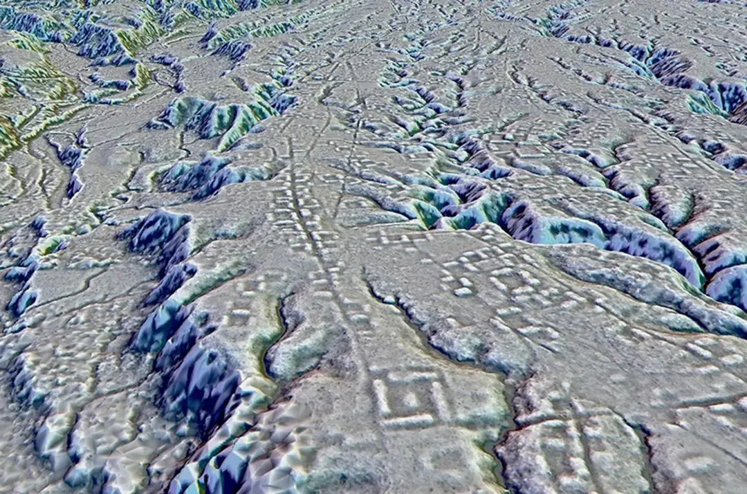 灰白色地形起伏的三维渲染图，多条笔直街道呈网格状分布，两侧排列着方形和长方形的房屋轮廓，周围点缀蓝绿色植被色调，地势间有多条沟壑纵横。