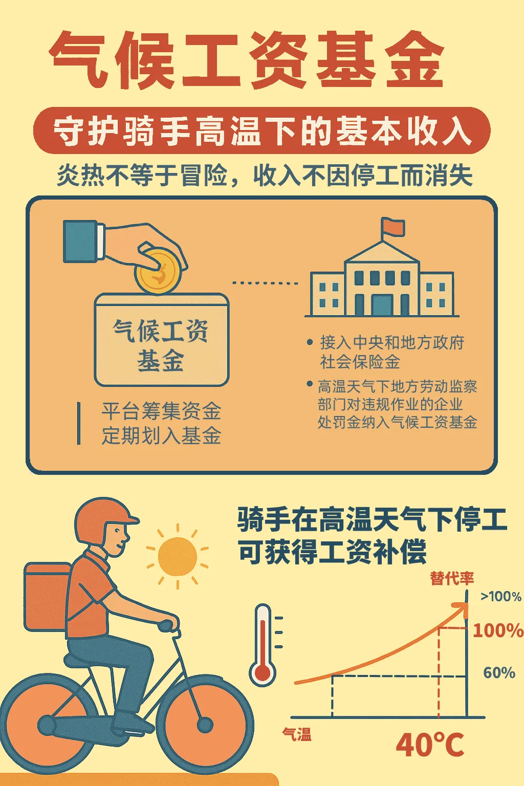气候工资基金机制图解：一只手投币入基金箱并连向政府大楼，标注资金来源为平台定期筹资、政府社保金接入及违规处罚金；下方图表显示骑手停工工资补偿替代率随气温升高，从60%增至40℃时超过100%。