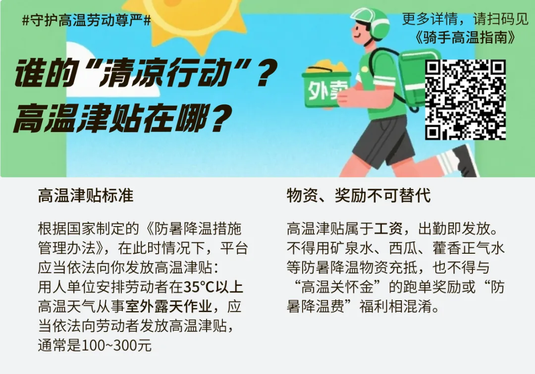贴纸设计图，主题'#守护高温劳动尊严#'，配一位背着'外卖'保温箱奔跑的骑手插画，大字问'谁的'清凉行动'？高温津贴在哪？'；右上角二维码链接《骑手高温指南》；下方两栏文字说明高温津贴标准（35℃以上应发放，通常100-300元）和物资奖励不可替代津贴的规定。