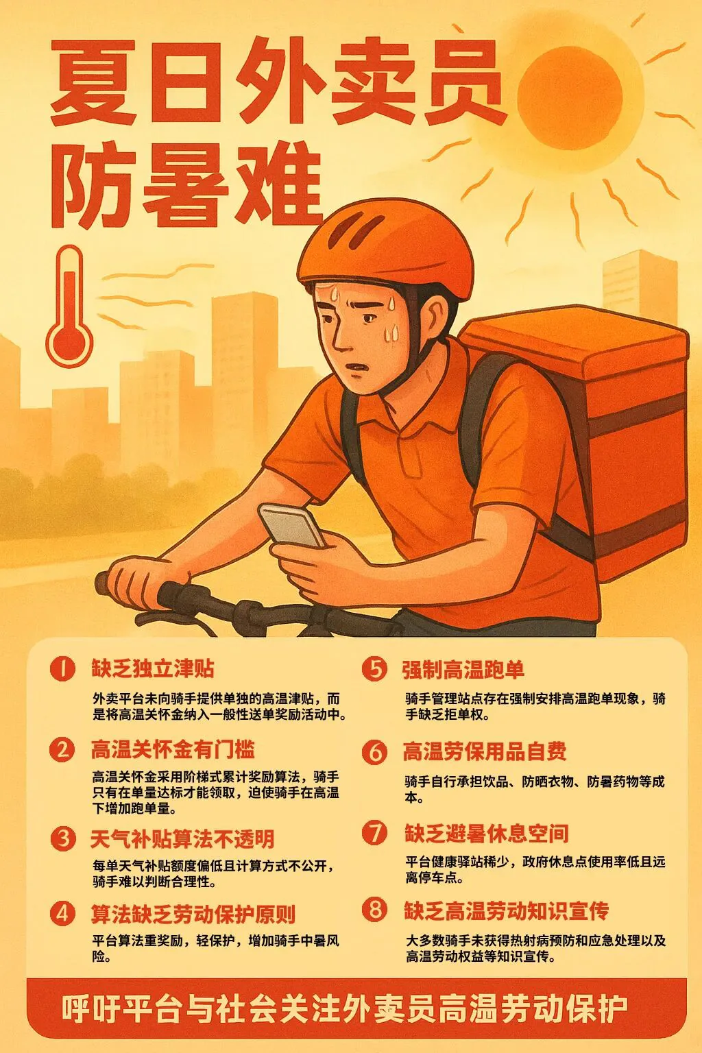 信息图海报，标题「夏日外卖员防暑难」，配一位汗流浃背骑车送餐的外卖员插画，列出调研发现的八项问题：缺乏独立津贴、高温关怀金设单量门槛、天气补贴算法不透明、算法缺劳动保护原则、强制高温跑单、防暑用品自费、缺避暑休息空间、高温劳动知识宣传不足，底部呼吁关注外卖员高温劳动保护。