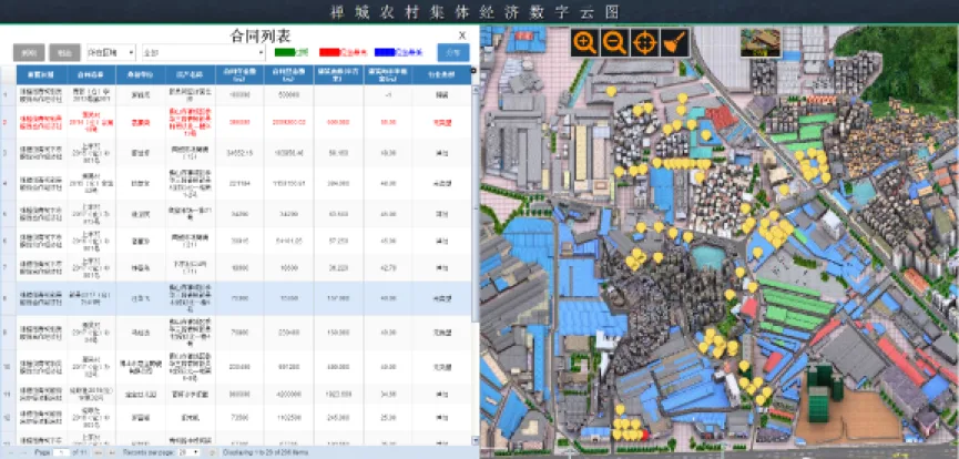 系统截图，标题“禅城农村集体经济数字云图”：左侧为合同列表数据表格，右侧是卫星地图，图上密布黄色、绿色、蓝色圆点标注不同类型的地块或建筑。