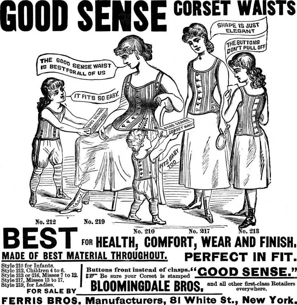 老式广告插画，标题写着“GOOD SENSE CORSET WAISTS”，两位女性和两名儿童身穿束腹式内衣，气泡文字写着“合身舒适”“不掉扣子”等广告语，下方列出各年龄段的产品型号及厂商信息