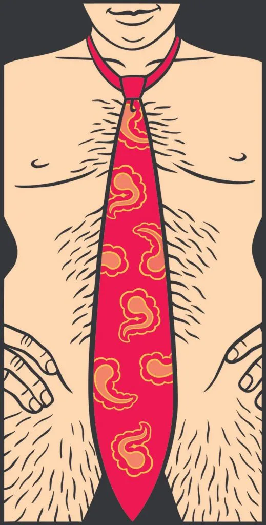 插画，一名赤裸上身、胸腹长满体毛的男性，领口垂下一条腰果花纹领带，形状与位置直指裆部，隐喻领带与生殖器的呼应