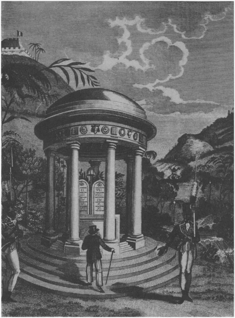 黑白版画，一座带穹顶和爱奥尼柱式的圆形古典神庙立于台阶之上，殿内刻有罗马数字铭牌，一位戴礼帽、拄手杖的绅士站在台阶前，两侧各有一名持枪士兵守卫，背景是热带山丘与棕榈树。