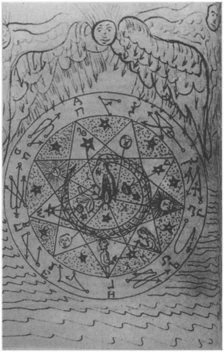 手绘神秘学宇宙图，圆形图案中嵌八角星与多层同心圆，环绕天文与炼金术符号及蛇形图案，顶部两侧各有一张带翼的人面俯视，底部以波浪线表示水面。