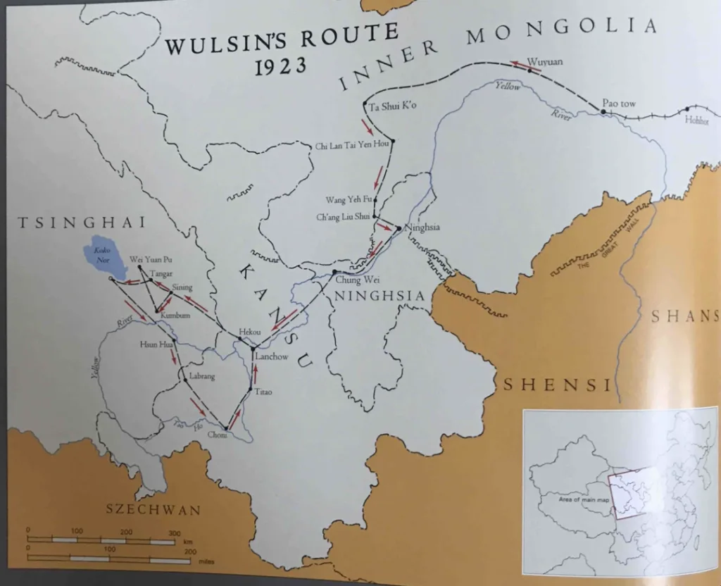 地图题为Wulsin's Route 1923，用带箭头的红线标出1923年考察队在甘肃、宁夏、青海一带经包头、兰州至卓尼、拉卜楞等地的路线，右下角附中国地图定位小图。
