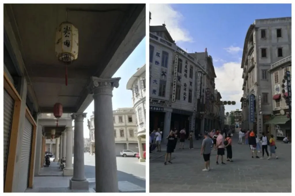 左图是骑楼柱廊，廊下悬挂着写有“小公园”字样的红灯笼；右图是一条老式骑楼夹峙的步行街，游客三两成群走在其中。