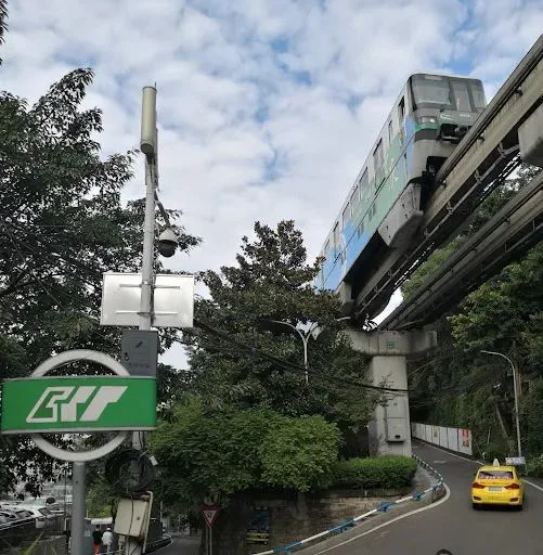 单轨列车在高架轨道上穿行于绿树间，下方是弯曲的马路，路边停着一辆出租车，左侧立着轨道交通标志牌。