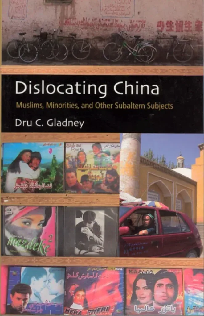 封面上方是靠墙停放的自行车与中阿文标语墙，中段黑底印书名与作者名，下方并排多张中亚风格影视海报、清真寺建筑及肖像照片拼贴。